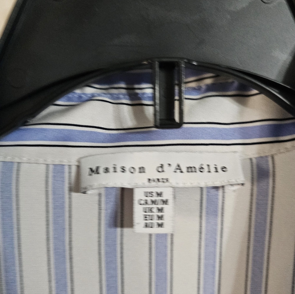 Maison d’Amélie Paris Womens M Blue White Stripe Button Shirt Stretch Work Top - Picture 4 of 7